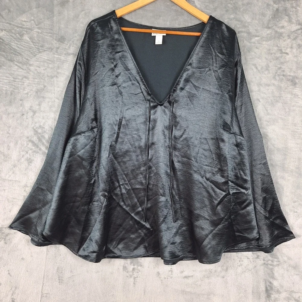 Womens Top 3X Black Satin Flare Sleeve Dark Romantic Ren Fair Renaissance Goth